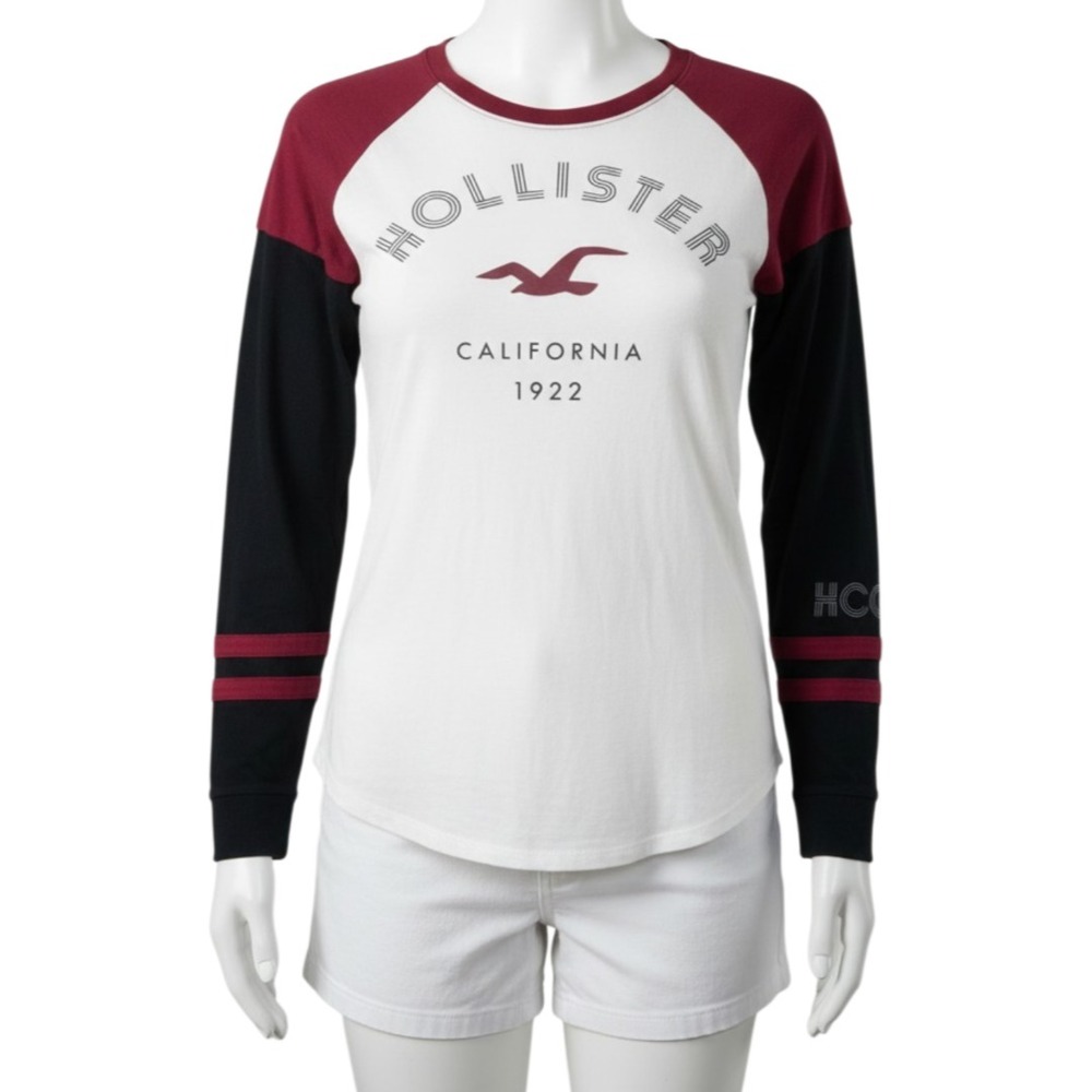 Hollister Varsity Colorblock Raglan Tee Womens S Burgundy Y2K Baseball Style